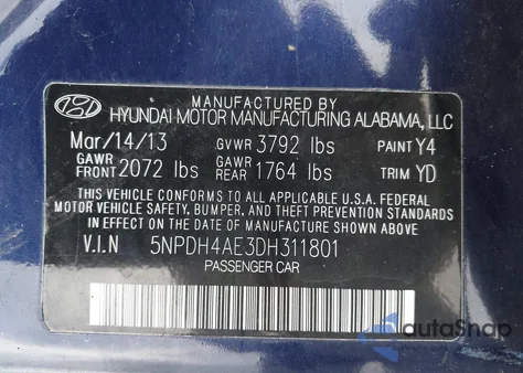 2013 Hyundai Elantra Gls z USA, uszkodzony, nr VIN 5NPDH4AE3DH311801